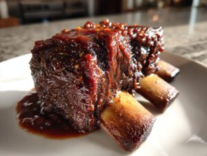 Close-up of a single, thick portion of braised short ribs covered in a dark, glossy sauce, served on a white plate.