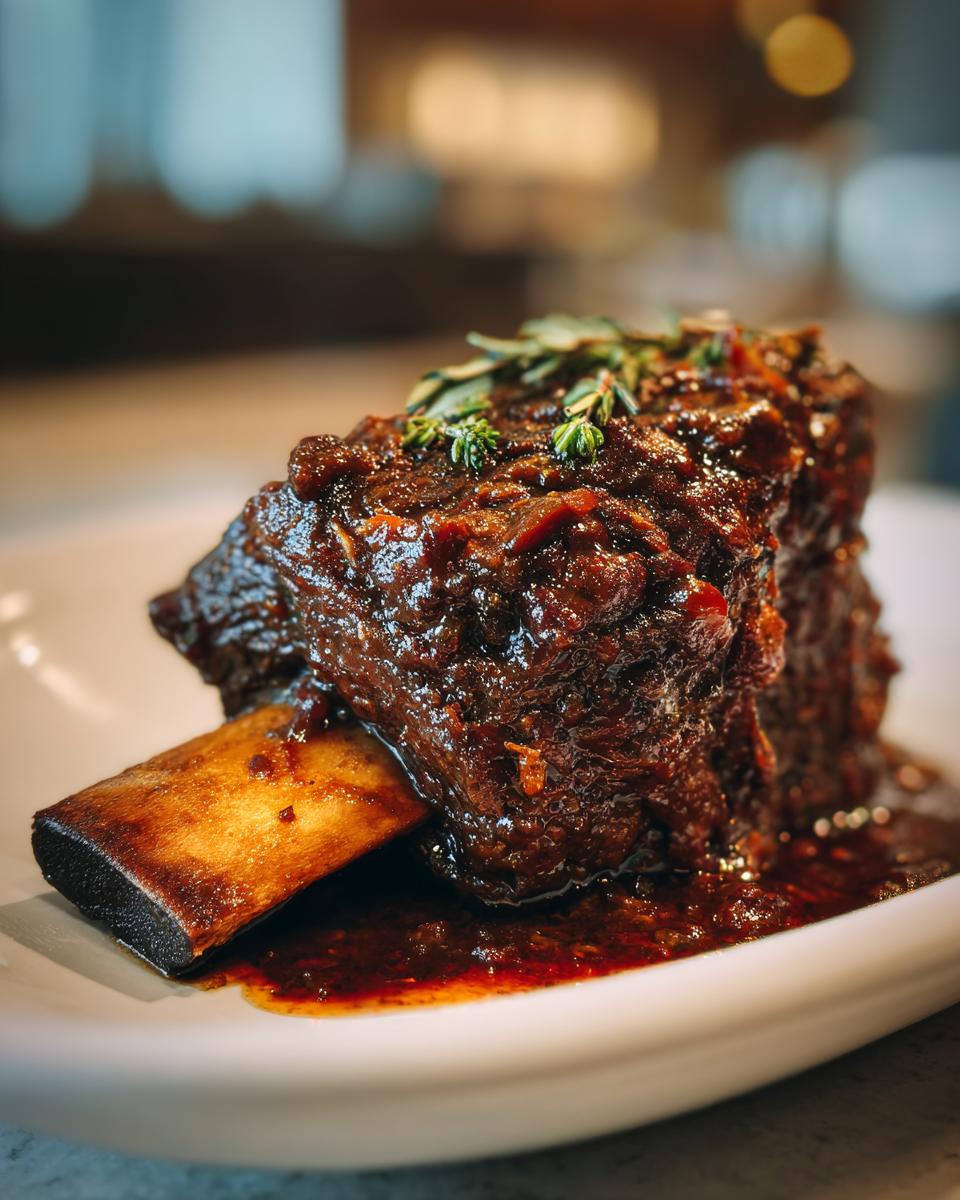 A single, rich, dark braised short ribs portion served on a white plate with a visible bone.