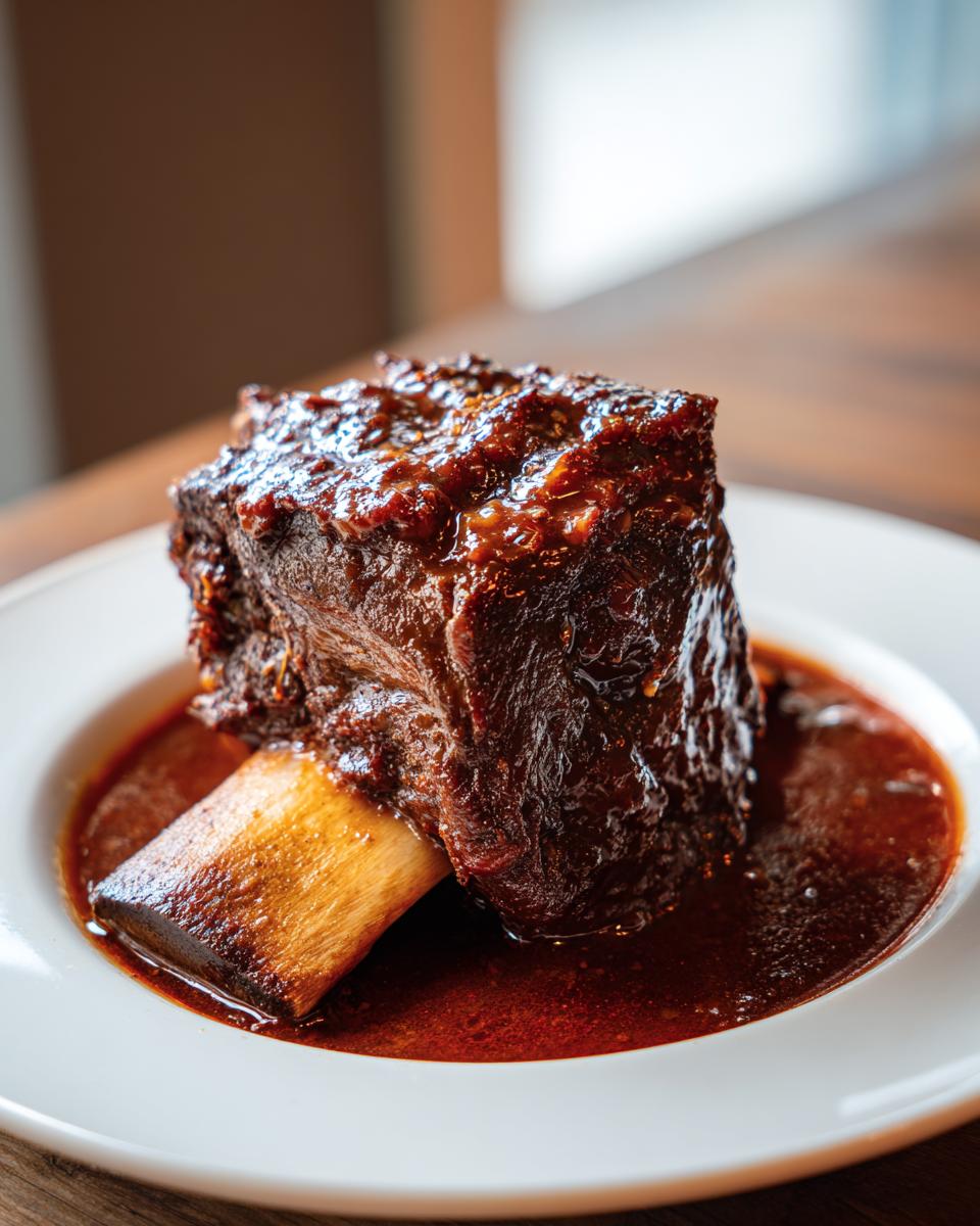 A single, perfectly cooked braised short ribs piece resting in a pool of rich, dark sauce on a white plate.