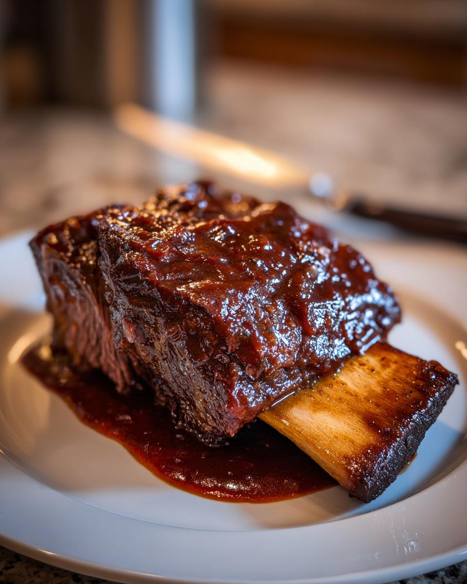 Close-up of a single, perfectly cooked braised short ribs piece coated in a thick, glossy sauce.