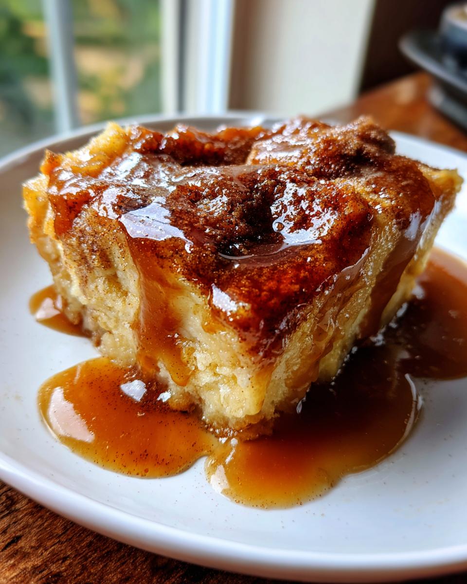 A close-up of a square slice of bread pudding with bourbon sauce generously poured over the top and pooling on the plate.