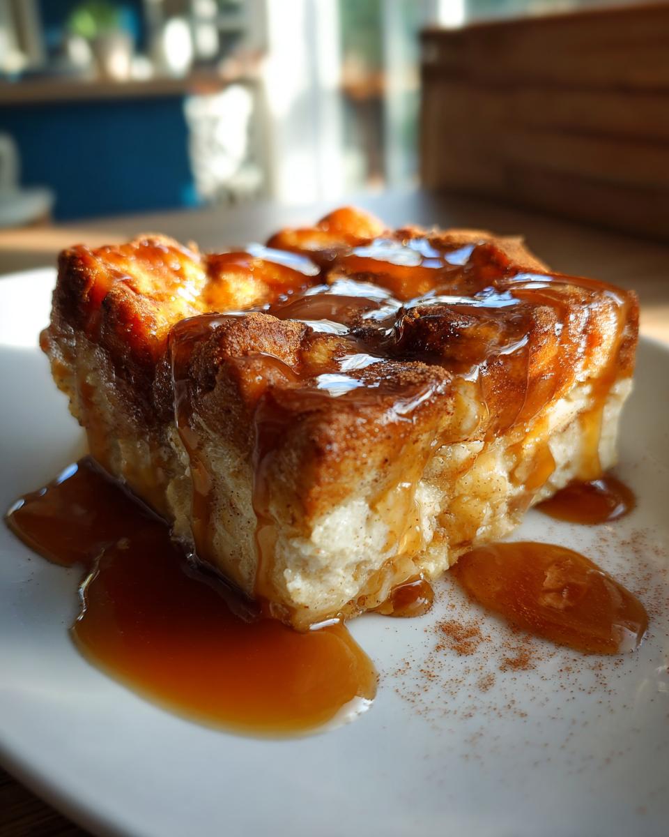 A square serving of rich bread pudding with bourbon sauce generously drizzled over the top and pooled on the plate.
