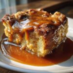 A close-up, mouthwatering shot of a slice of bread pudding with bourbon sauce generously drizzled over the top.