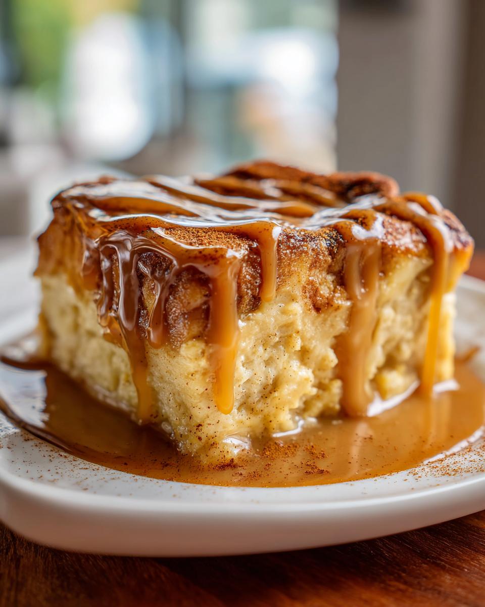 A decadent slice of bread pudding with bourbon sauce generously drizzled over the top and pooling on the plate.