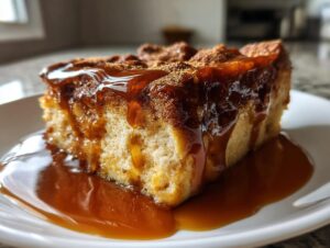 A decadent slice of bread pudding with bourbon sauce generously drizzled over the top and pooled on the white plate.