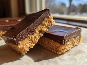 Two rich squares of buckeye graham crackers bars showing a thick chocolate top, peanut butter layer, and graham cracker crust.