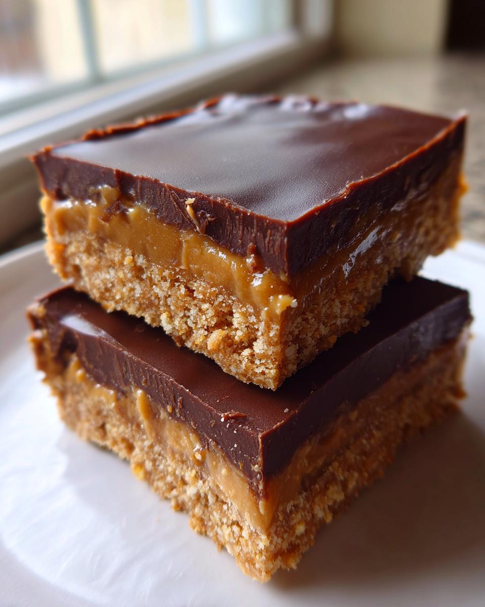 Two stacked squares of rich dessert bars featuring a graham cracker base, caramel layer, and chocolate topping, resembling buckeye graham crackers treats.