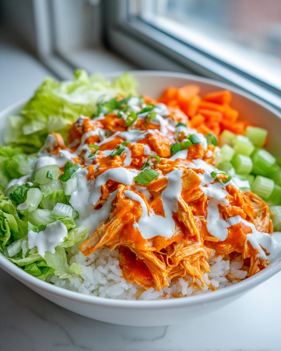 A close-up of a vibrant buffalo chicken bowl featuring shredded orange buffalo chicken over white rice, drizzled with ranch, and surrounded by lettuce, celery, and carrots.