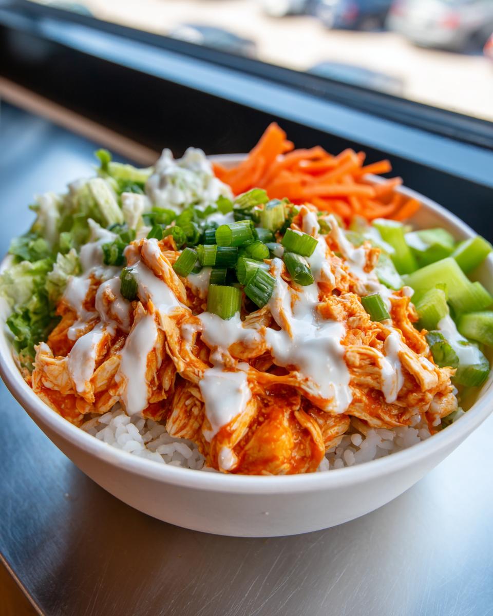 Close-up of a vibrant buffalo chicken bowl served over rice, topped with ranch and green onions.