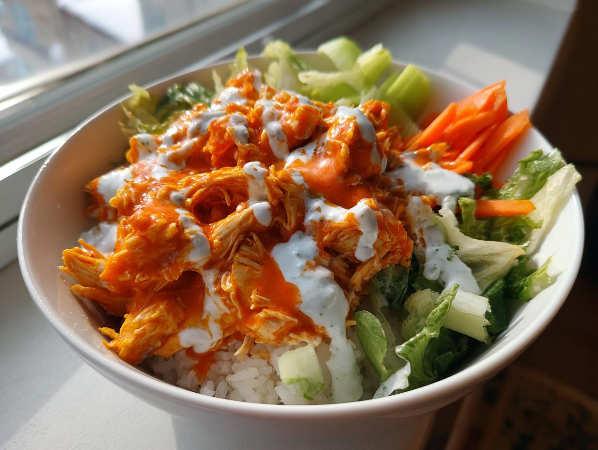 A white bowl filled with a buffalo chicken bowl featuring shredded orange buffalo chicken, rice, lettuce, carrots, celery, and ranch dressing.
