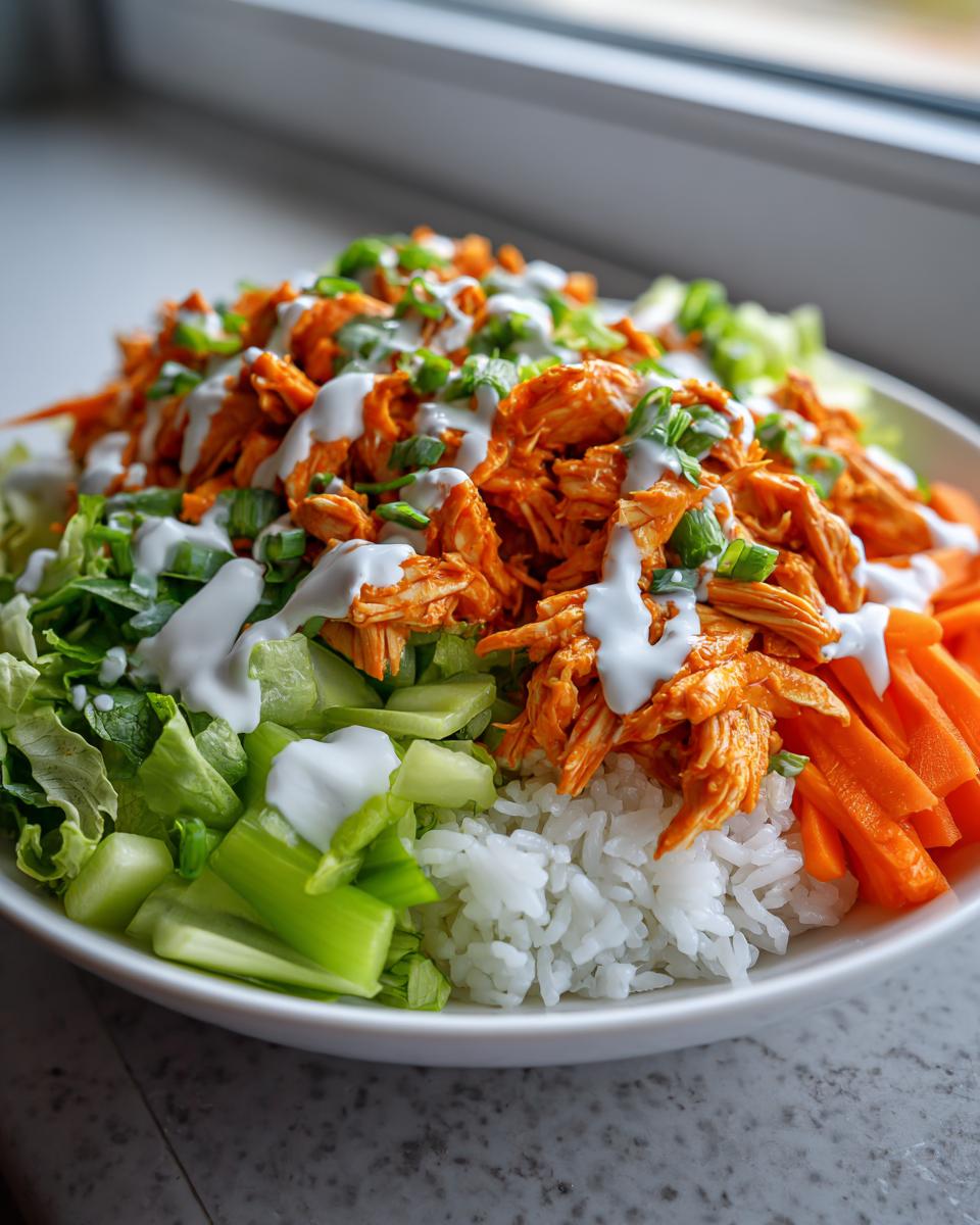 A vibrant buffalo chicken bowl featuring shredded orange buffalo chicken, white rice, celery, carrots, and a ranch drizzle.