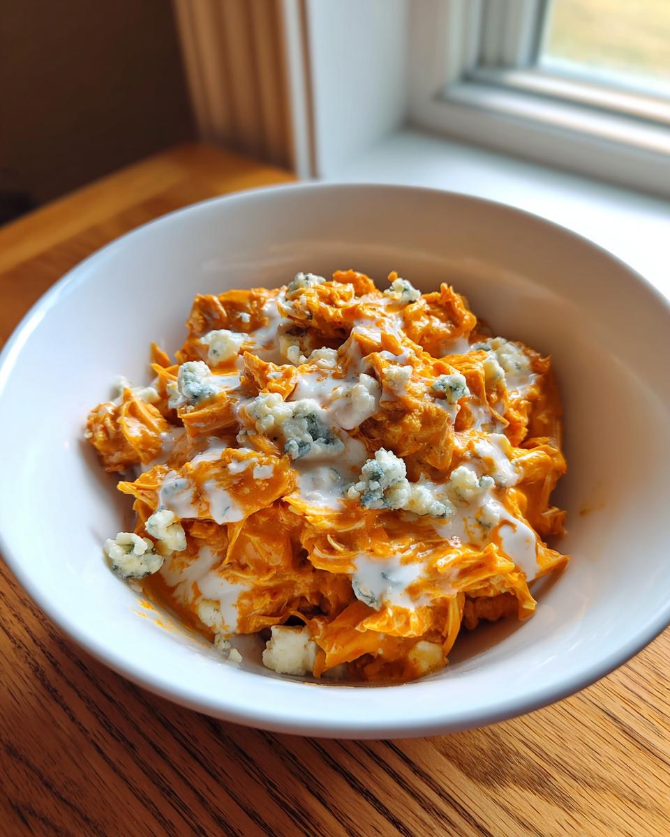 A white bowl filled with shredded buffalo chicken chili topped with ranch or blue cheese dressing and crumbles.