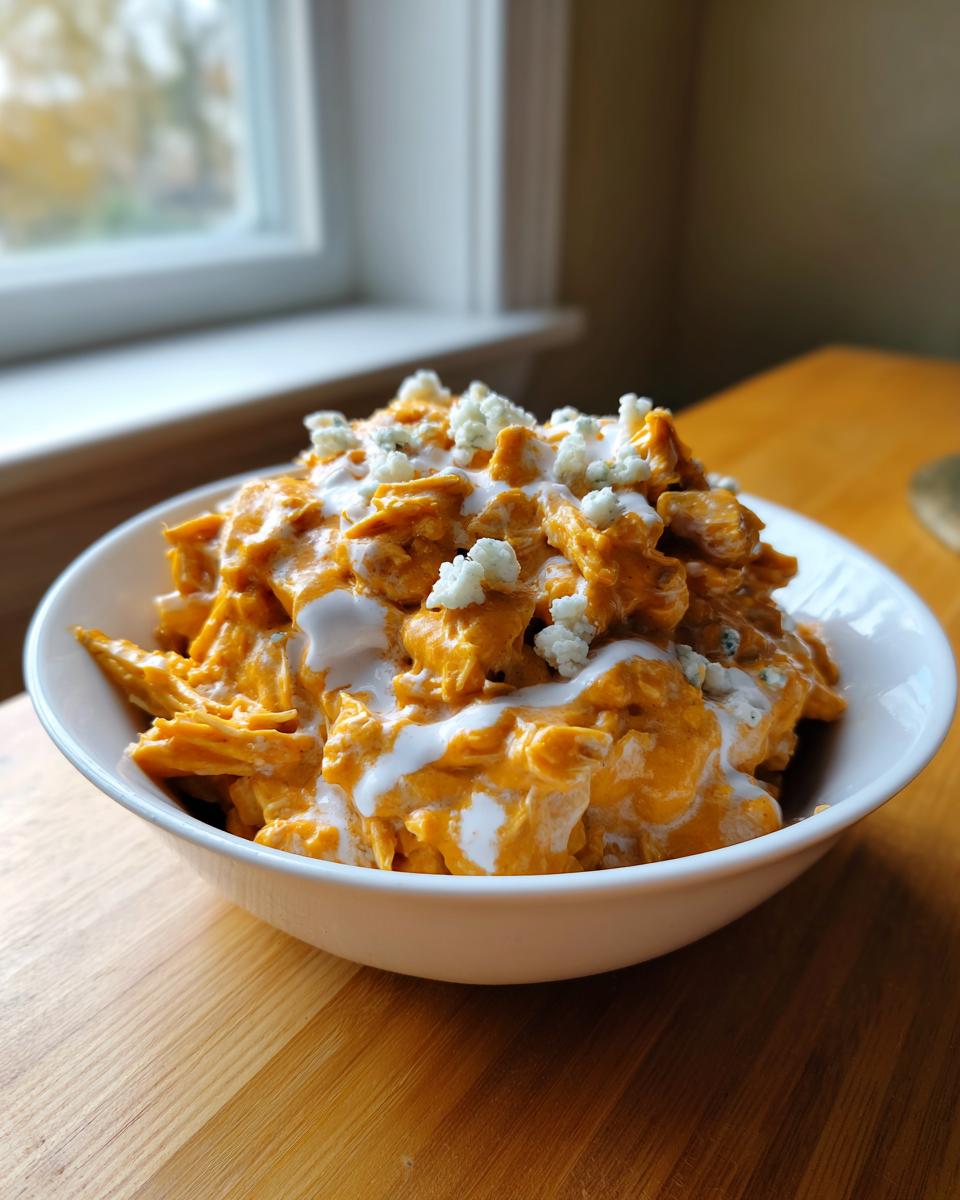A white bowl filled with creamy, orange buffalo chicken chili topped with ranch/sour cream and crumbled blue cheese.