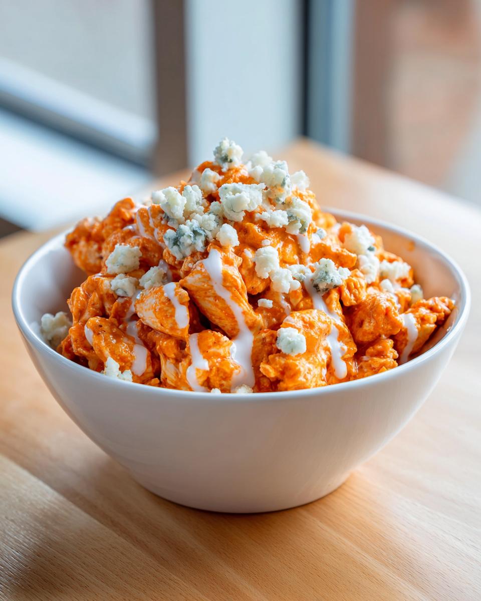 Close-up of a bowl filled with saucy buffalo chicken chili, drizzled with ranch and topped with blue cheese crumbles.