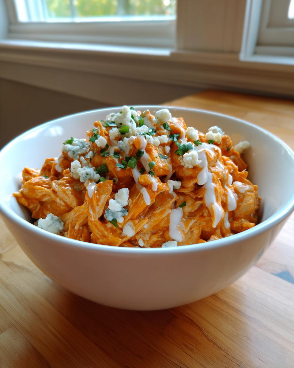 A white bowl filled with shredded buffalo chicken chili, topped with blue cheese crumbles and a drizzle of ranch.
