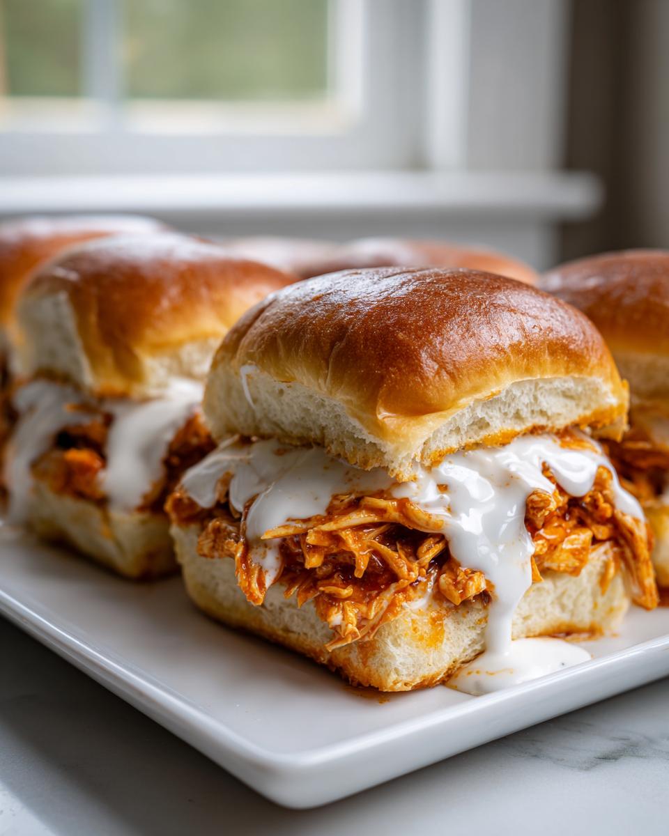 Close-up of a delicious buffalo chicken sliders sandwich topped with creamy white sauce on a white platter.