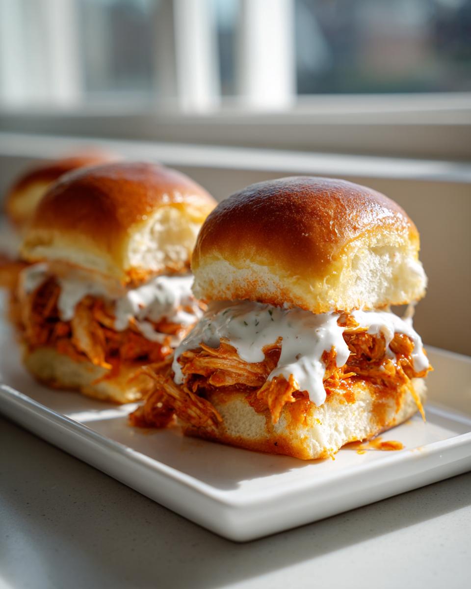 Close-up of two buffalo chicken sliders with shredded orange chicken and white ranch dressing on brioche buns.