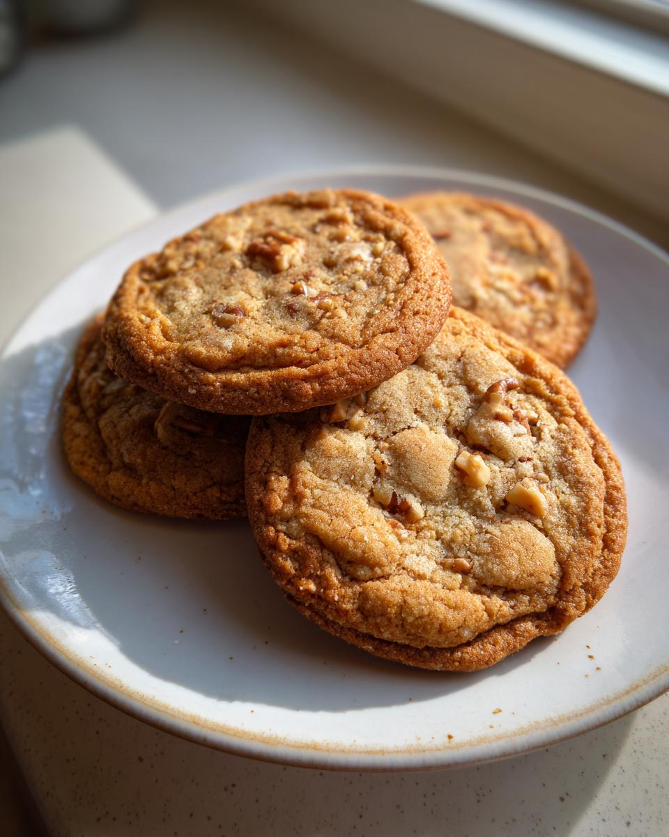 A stack of three golden brown butter pecan cookies with visible chopped nuts on a light ceramic plate.