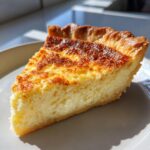 A close-up slice of creamy buttermilk pie showing a golden-brown, slightly caramelized top crust.