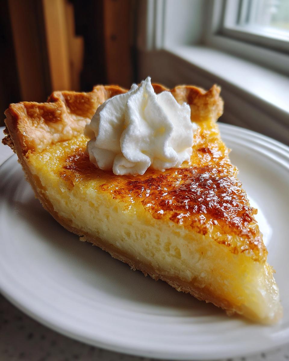 A close-up slice of rich, golden buttermilk pie topped with a swirl of fresh whipped cream.