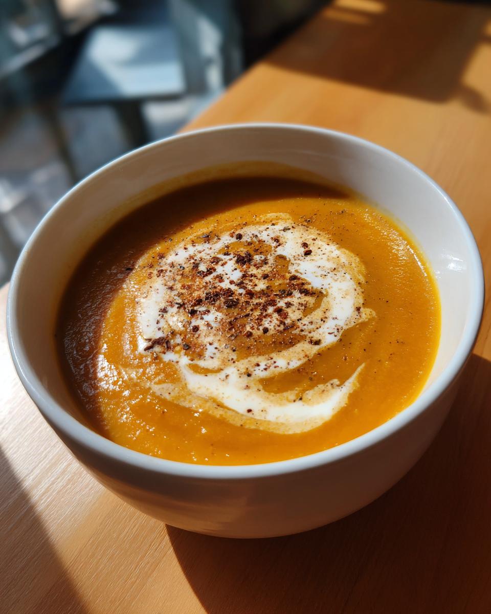 Close-up of a bowl of vibrant orange butternut squash soup, topped with a swirl of cream and a sprinkle of dark spices.