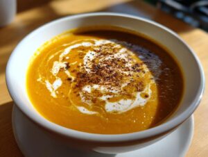 Close-up of a vibrant orange butternut squash soup topped with a swirl of cream and dark spices.