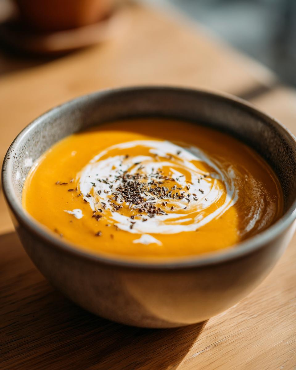 Close-up of rich orange butternut squash soup topped with a swirl of cream and dark herbs.
