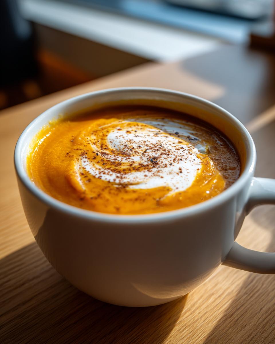 Close-up of creamy butternut squash soup in a white mug, topped with a swirl of cream and spice.
