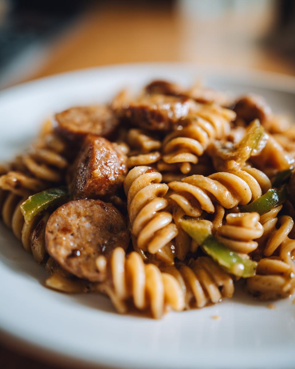 Close-up of a serving of cajun sausage pasta featuring rotini noodles, sliced sausage, and green peppers on a white plate.