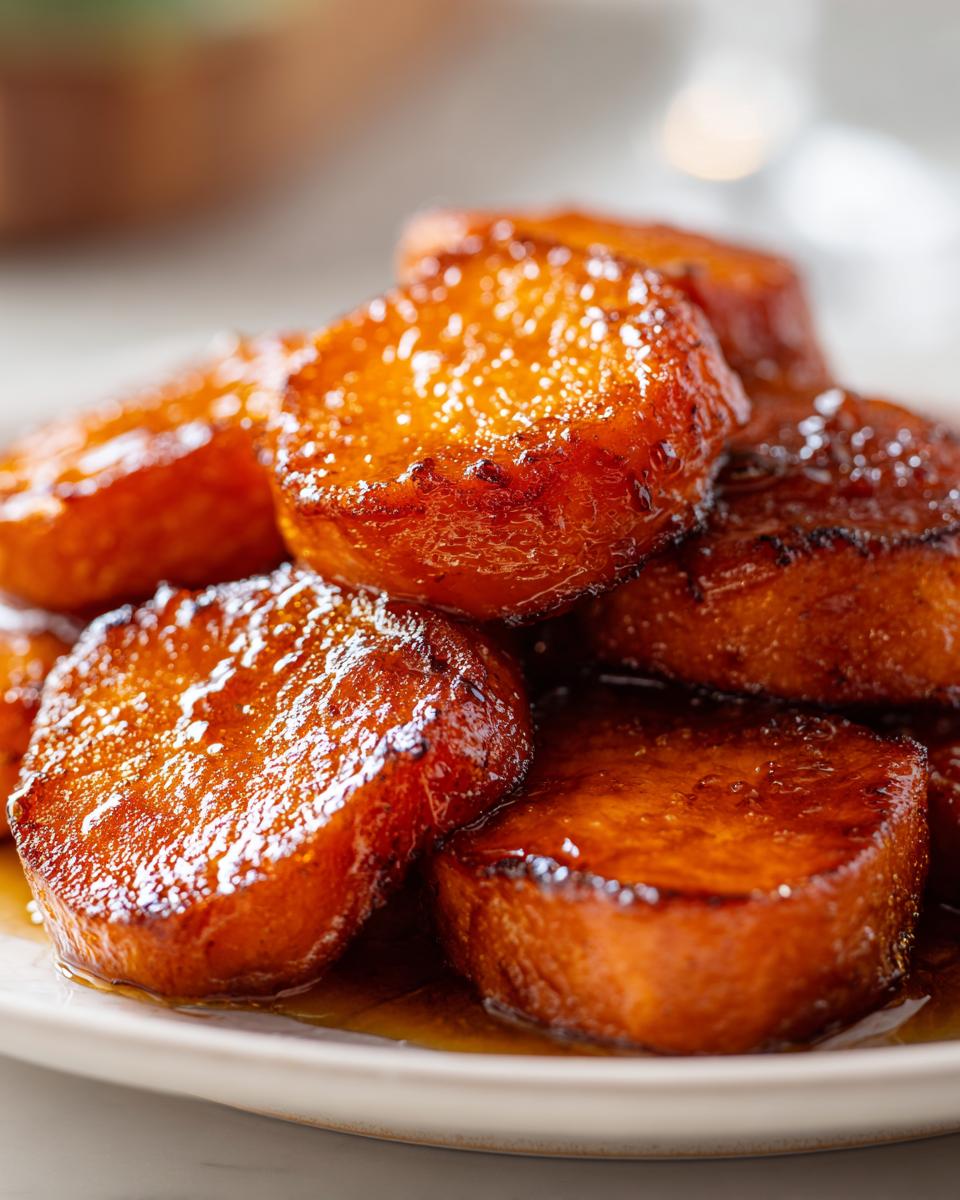 A close-up stack of beautifully glazed, round candied sweet potatoes soaking in syrup on a white plate.
