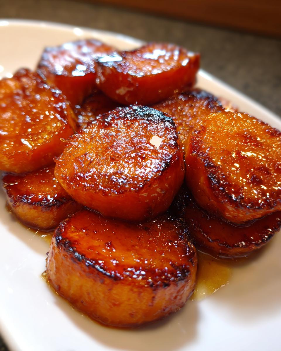 Close-up of thick-cut candied sweet potatoes, glistening with a dark, caramelized glaze.