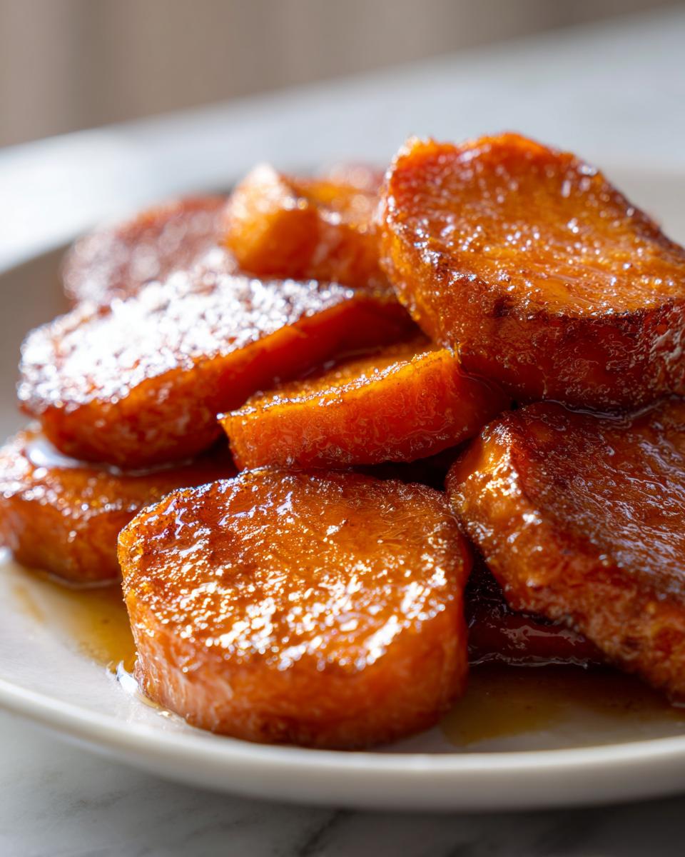 A close-up of several thick, glistening slices of candied sweet potatoes coated in a rich, dark brown glaze.
