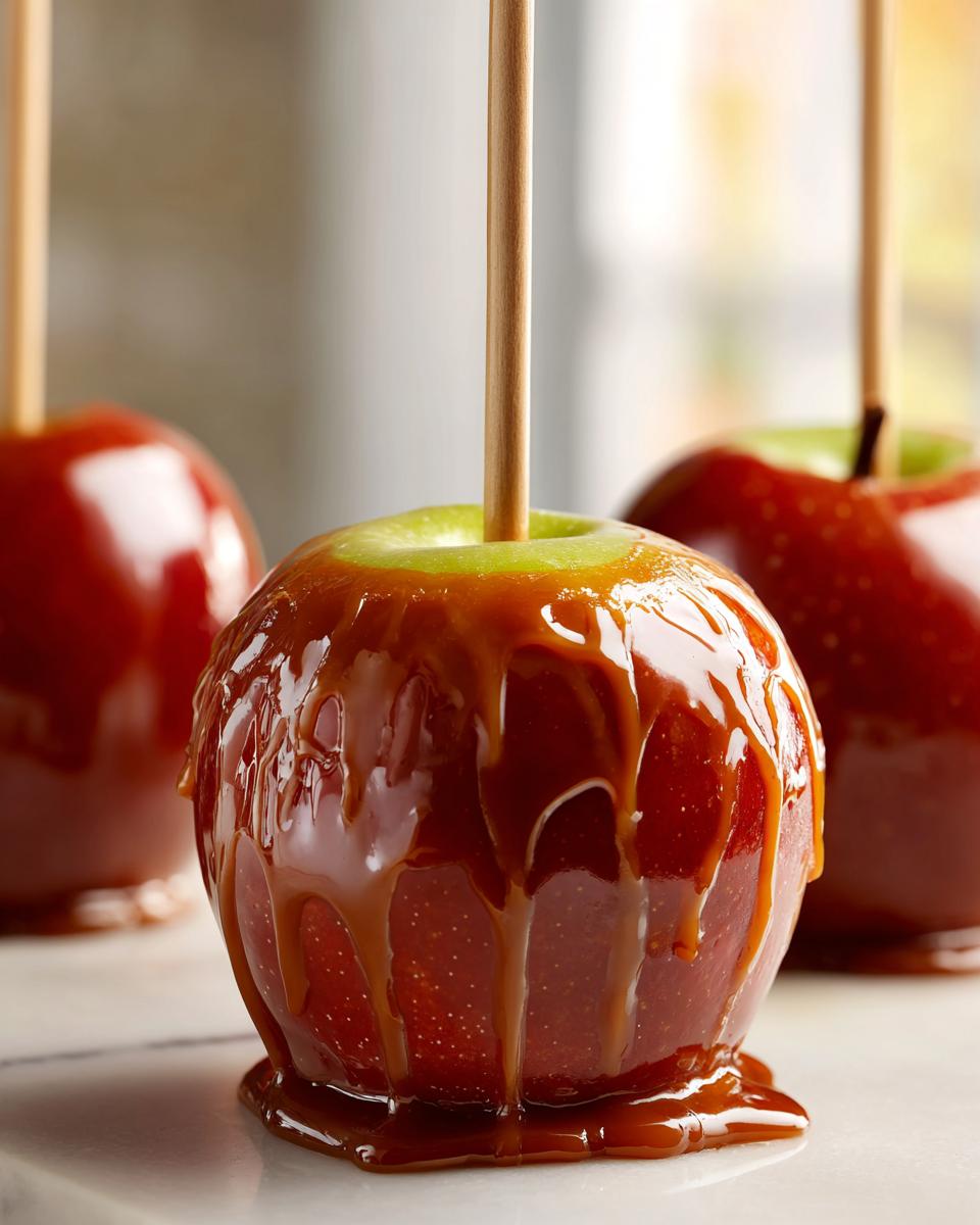 Close-up of a glossy, red caramel apples dripping with thick, rich caramel sauce.