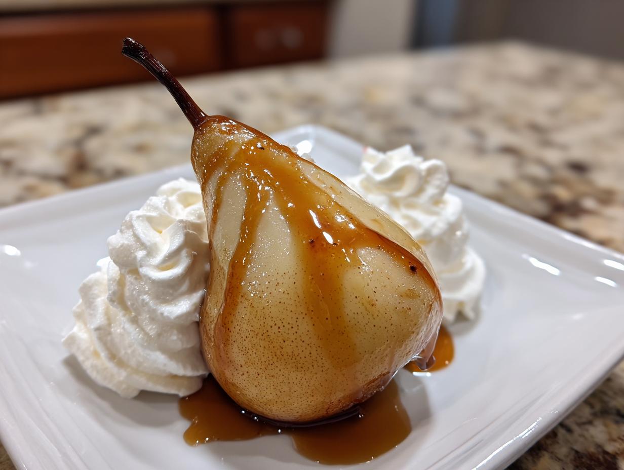A beautifully presented poached pear drizzled with caramel sauce and served with swirls of whipped cream on a white plate.