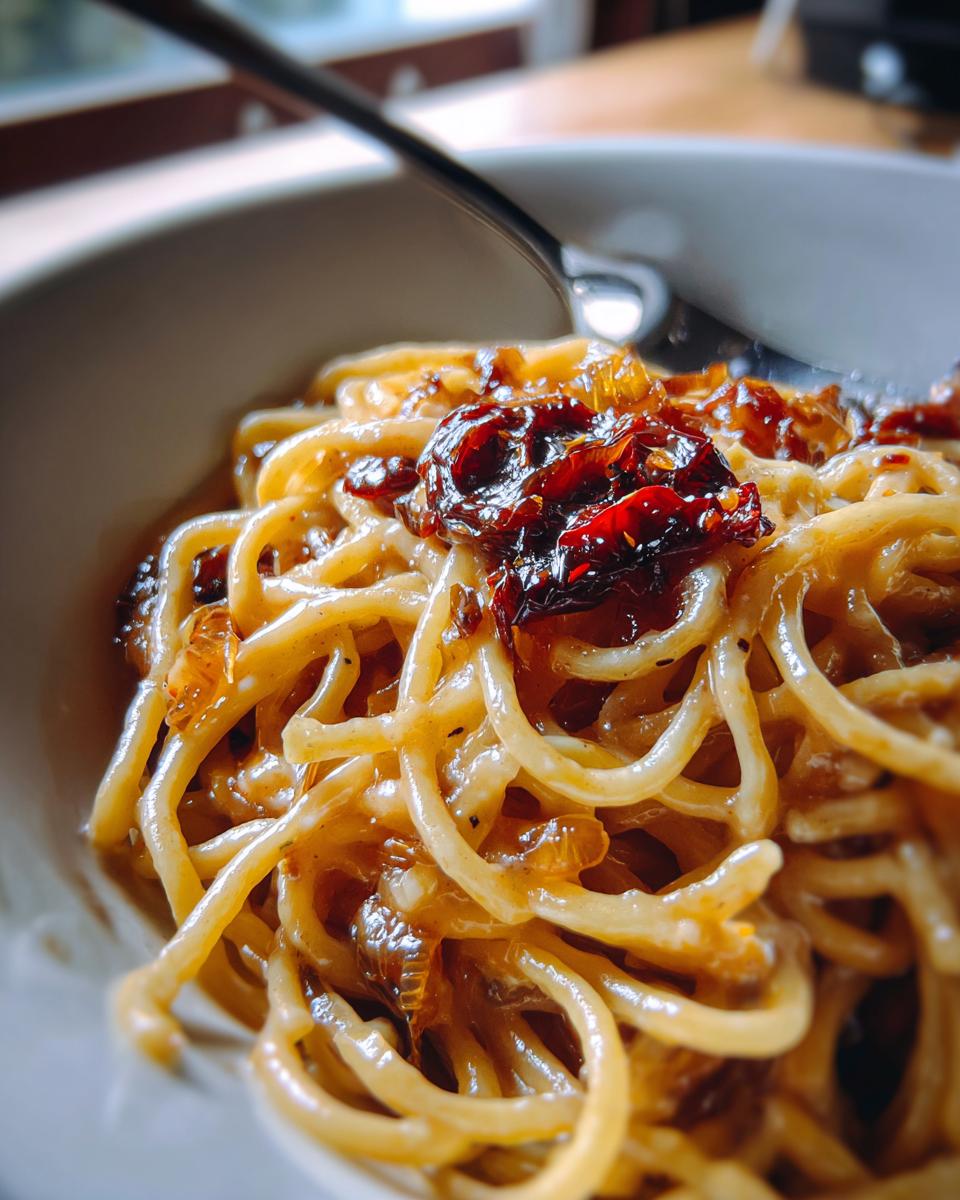 Close-up of spaghetti coated in a creamy sauce, topped with rich caramelized onion pasta mixture.