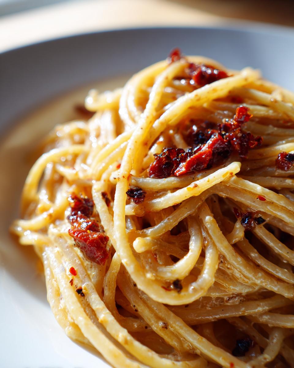 A close-up, bright photo of creamy caramelized onion pasta tossed with dark red sun-dried tomato pieces.