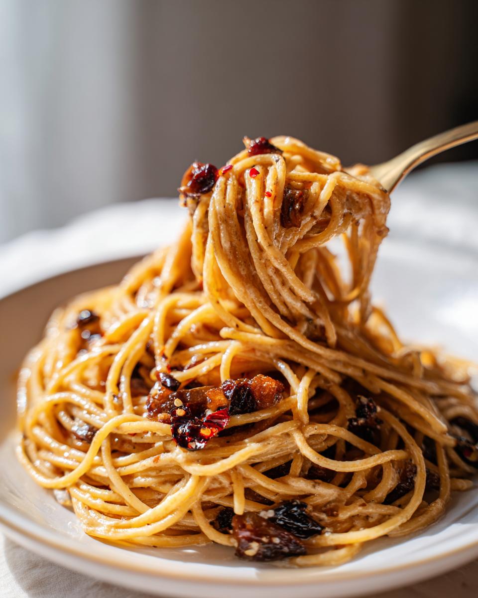 Close-up of spaghetti being lifted from a bowl, showcasing the creamy sauce and dark caramelized onion pasta mixture.