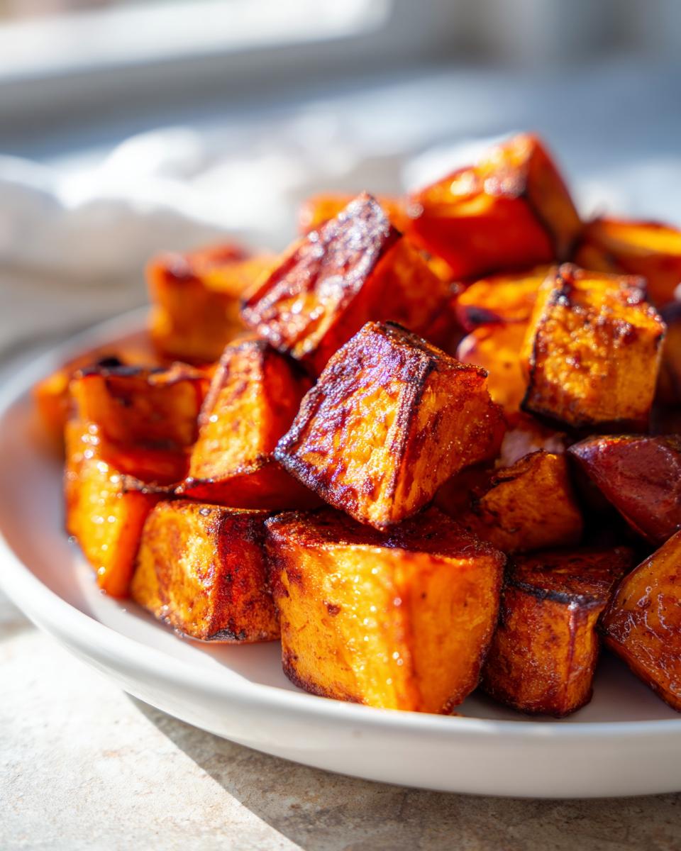 Close-up of perfectly caramelized and slightly charred roasted sweet potatoes cubes piled on a white plate.