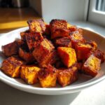 A close-up of perfectly caramelized, seasoned roasted sweet potatoes cubes piled high in a white bowl.