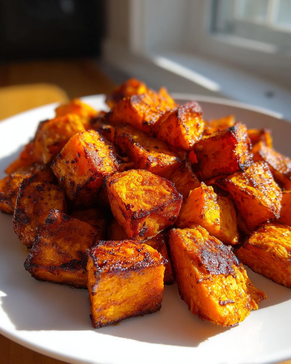 A close-up of perfectly caramelized roasted sweet potatoes cubes piled high on a white plate.