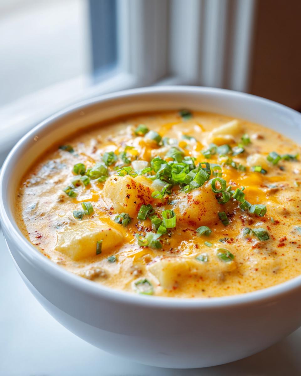 Close-up of a hearty bowl of cheeseburger soup recipe, topped with chives and paprika.