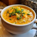 Close-up of a hearty bowl of cheeseburger soup recipe, garnished with shredded cheddar cheese and fresh green onions.