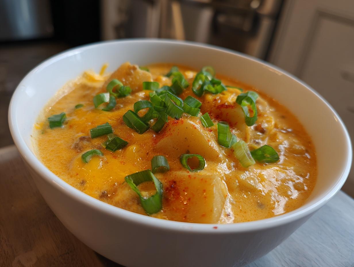 Close-up of a white bowl filled with creamy, cheesy cheeseburger soup topped with green onions.
