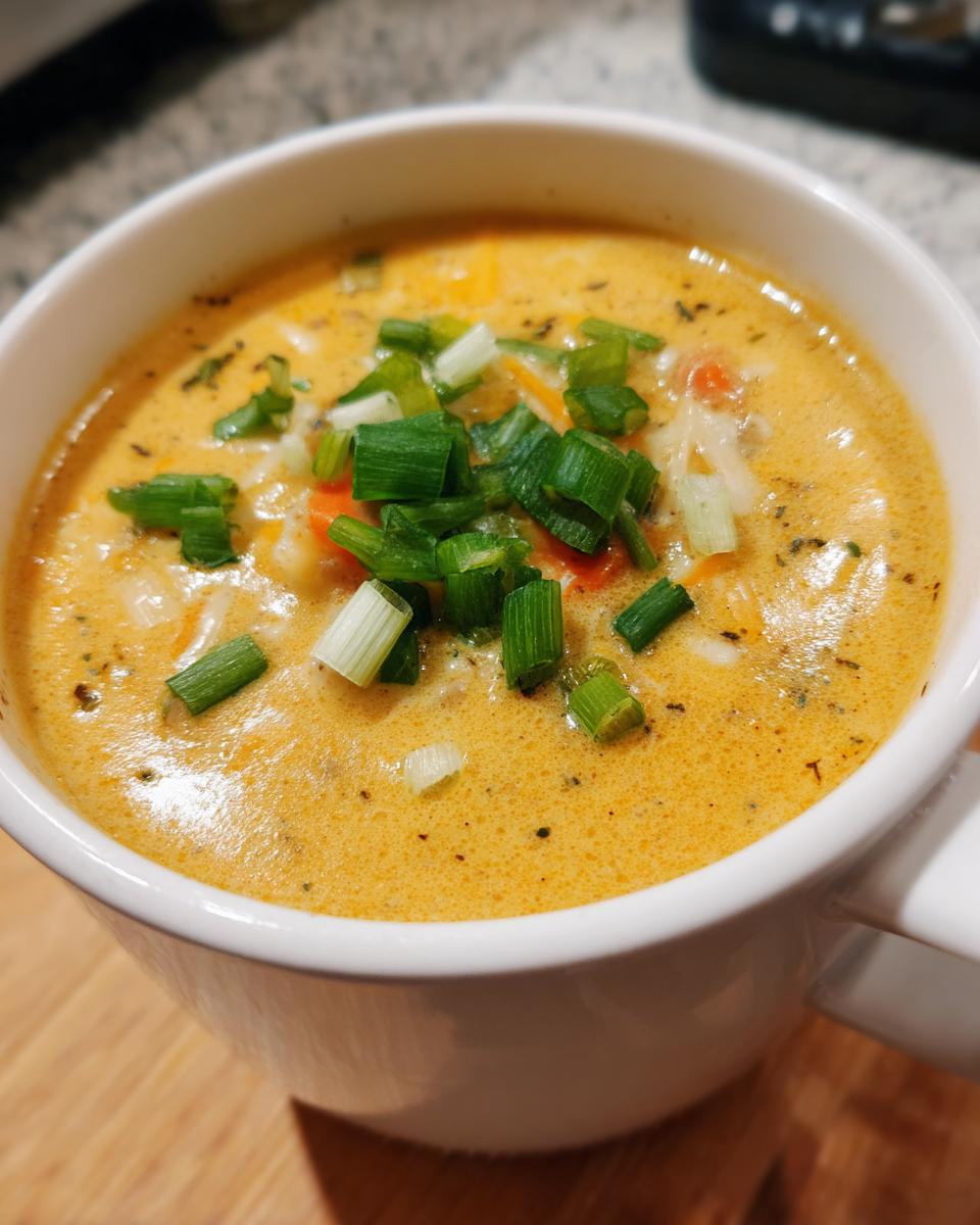 Close-up of a bowl of creamy cheeseburger soup recipe, garnished generously with fresh chopped green onions.