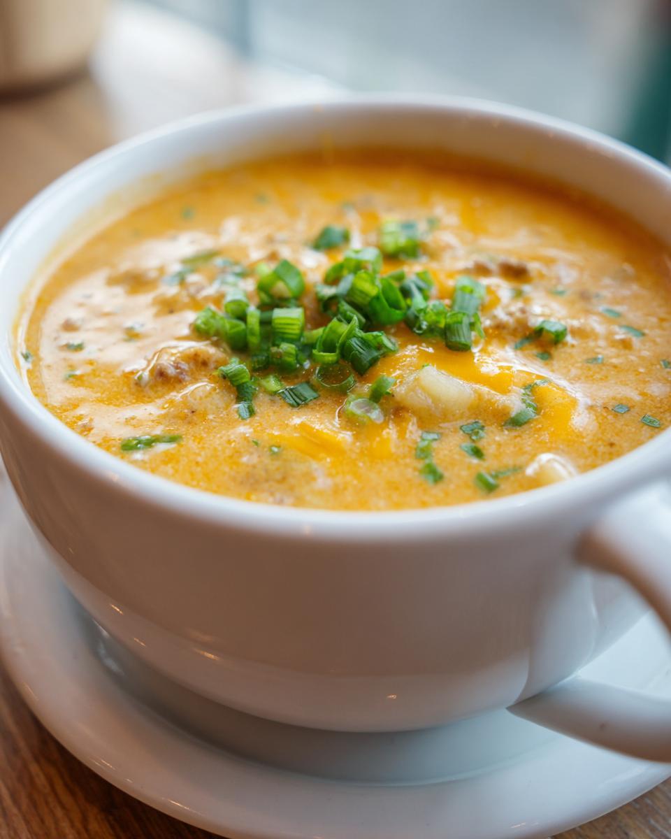 Close-up of a bowl of rich, orange cheeseburger soup topped generously with fresh green chives.