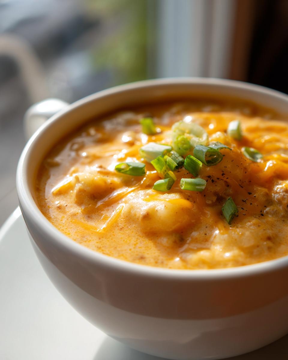 Close-up of a rich, orange cheeseburger soup recipe topped with melted cheese and fresh green onions.