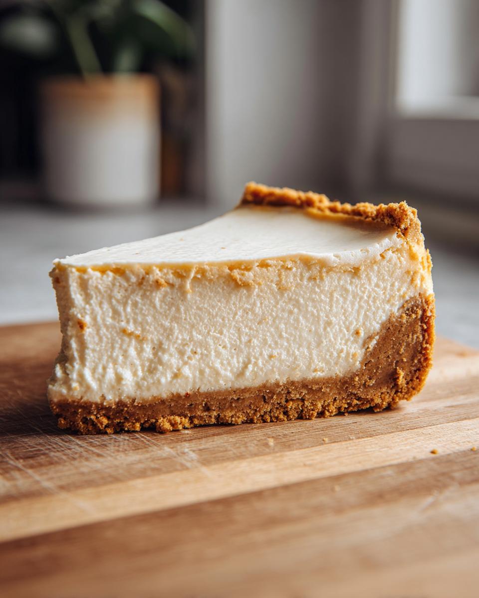 A close-up of a perfect slice of creamy cheesecake recipe with a thick graham cracker crust.