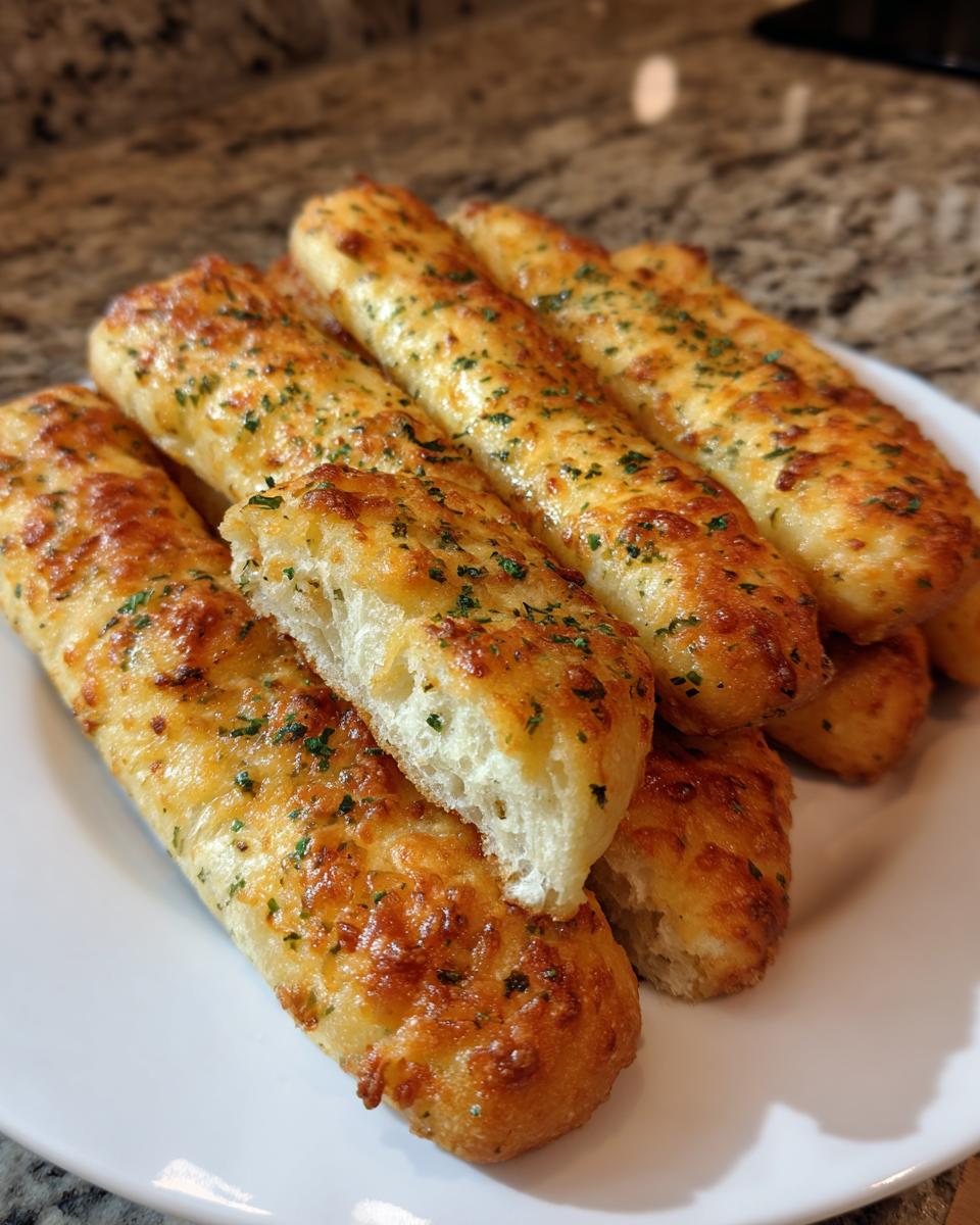 A stack of golden brown, cheesy garlic breadsticks, one broken open to show the soft interior.