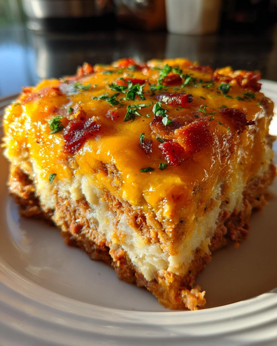 A thick slice of cheesy loaded meatloaf casserole topped with melted cheddar and bacon bits.