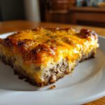 A close-up view of a slice of cheesy loaded meatloaf casserole with browned cheddar cheese topping.